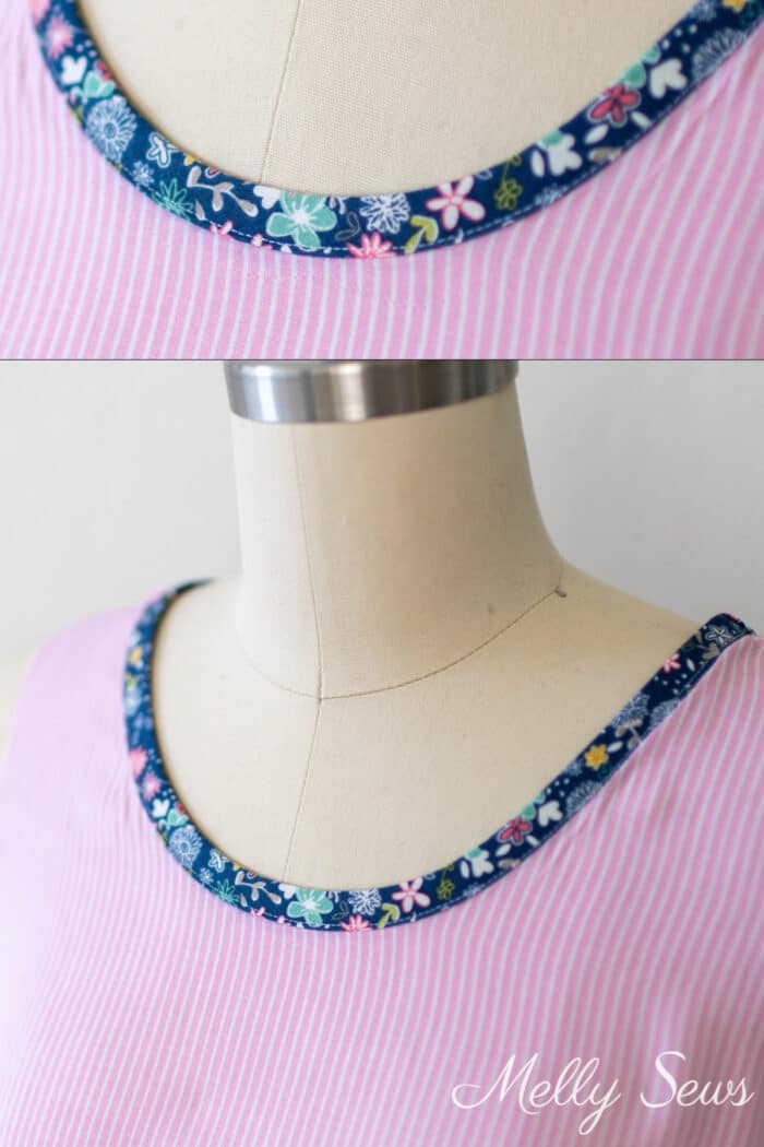 Close up and bigger view of bias tape laying flat on a curved neckline