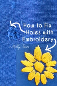 How to fix holes with embroidery - blue fabric with a hole and with an embroidered yellow flower