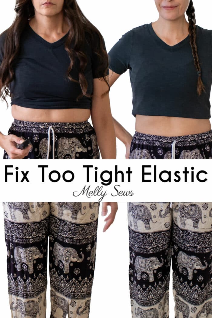 How to loosen a too tight elastic waistband - before and after pictures of a waistband on a pair of pants 