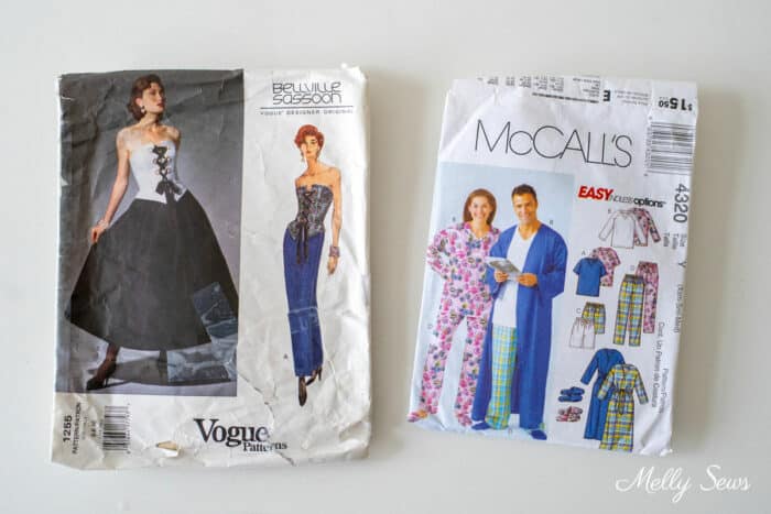 Two patterns - a formal dress with strapless boned bodice for an advance sewing hobbyist, and a set of woven papjamas with an Easy label for sewing beginners