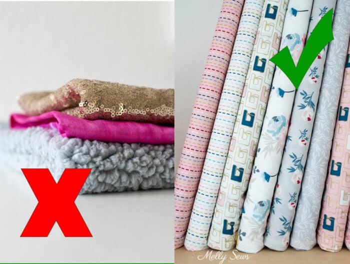 Wrong and right fabric for sewing beginners - red x on faux sherpa, pink silk and gold sequined fabric. Green check on bolts of quilting cotton