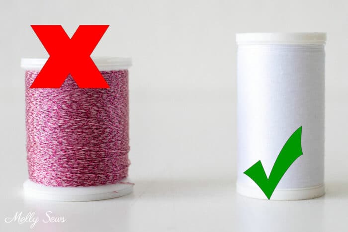 The wrong and right thread to use as a sewing beginner -red x over pink metallic thread and green check on all purpose white thread