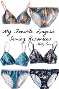 Gray floral, blue and coral abstract print and navy blue floral matching bra and panty sets with text: My Favorite Lingerie Sewing Resources