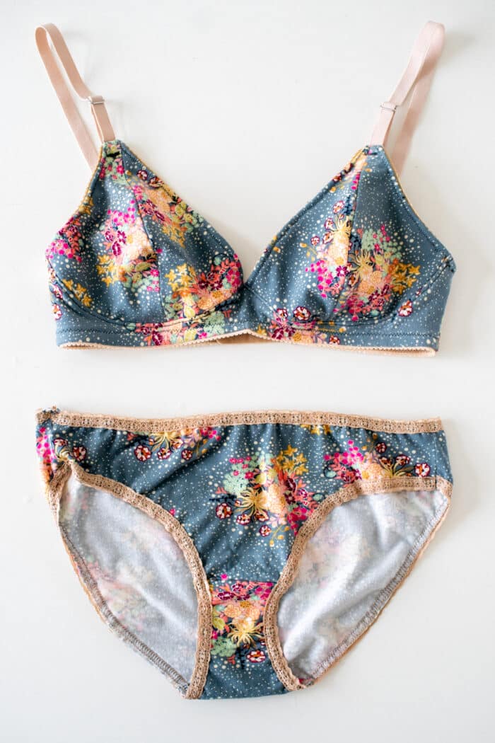 Gray floral bra and panty set sewn on a home sewing machine