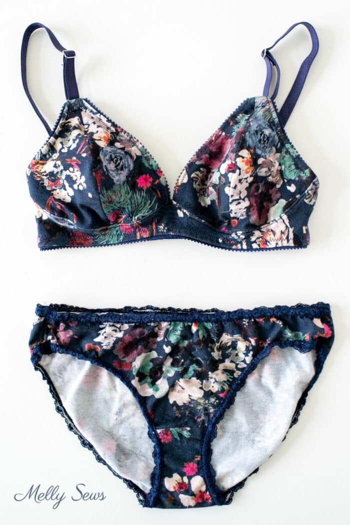 Home sewn Dark floral bra and underwear set on a white table