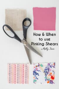 4 squares of fabric with edges cut with pinking shears lay on a surface behind a pair of open pinking scissors with text How and When to Use Pinking Shears