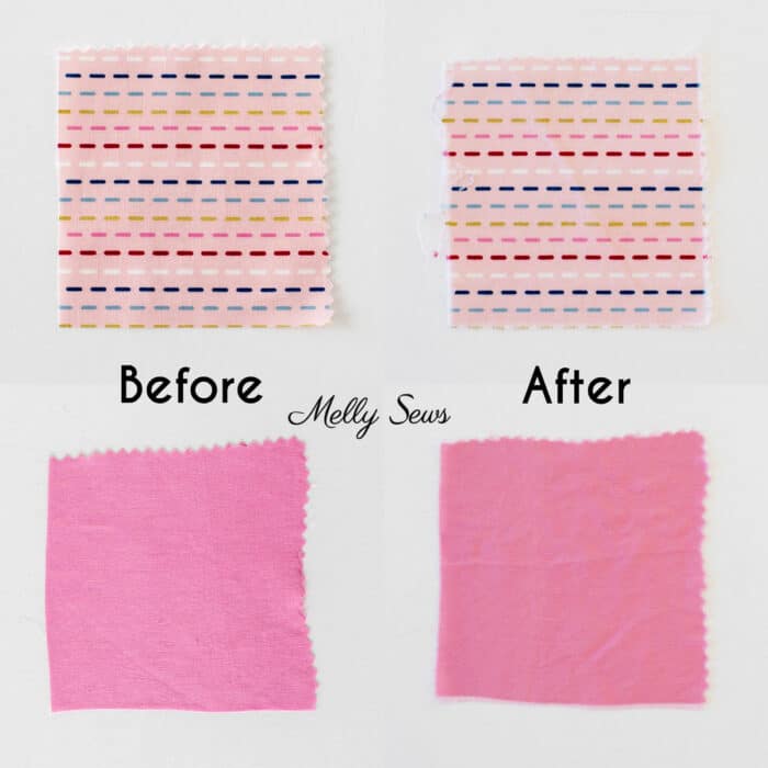 Pink striped quilting cotton and silk fabric squares with edges cut by pinking shears before and after washing