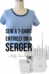 Blue Tee with navy neckband and an overlocker sewing machine with text Sew a T-shirt Entirely on a Serger