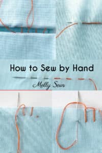 How to Sew by Hand text overlayed on Blue fabric with orange hand sewing stitches