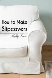 How to make slipcovers text over photo of a white slipcovered sofa