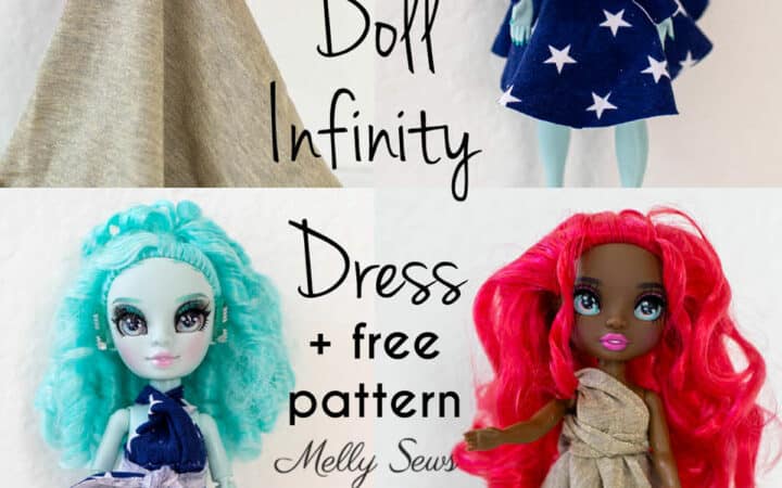 Rainbow High/Shadow High dolls in hand sewn infinity dresses with text Doll Infinity Dress + Free Pattern