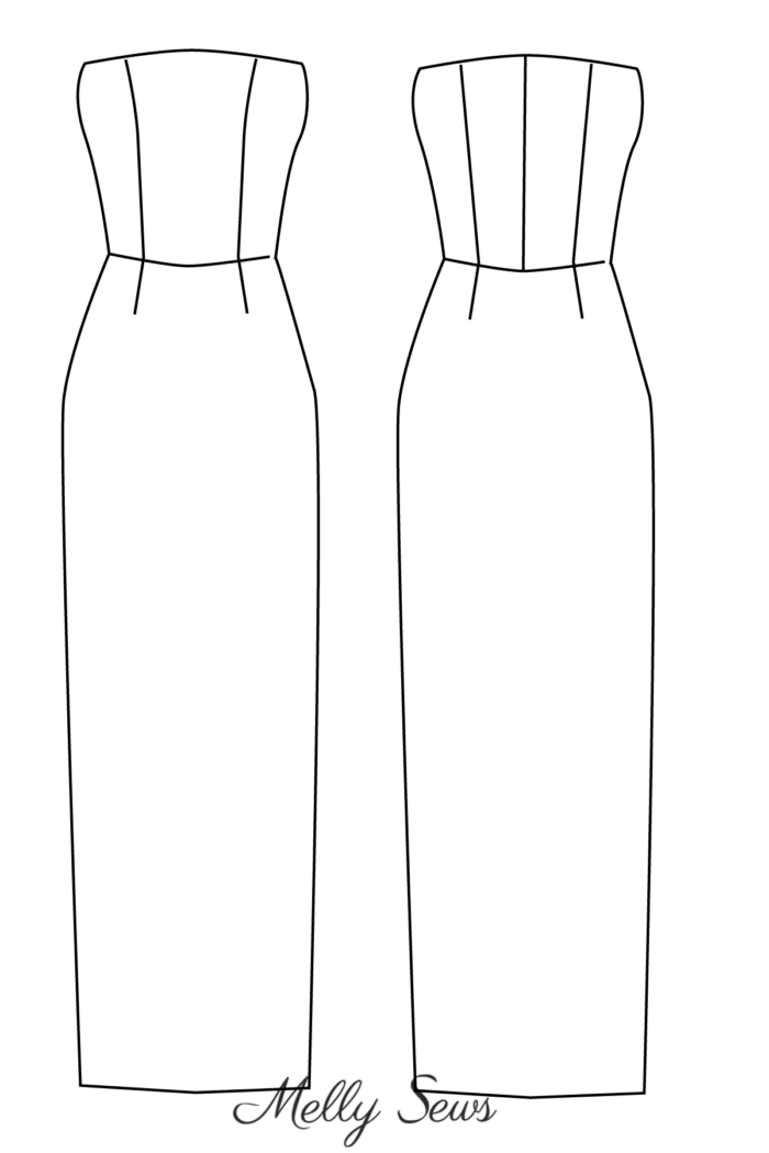 Line drawing of a strapless dress with princess seams and darted full length skirt. 