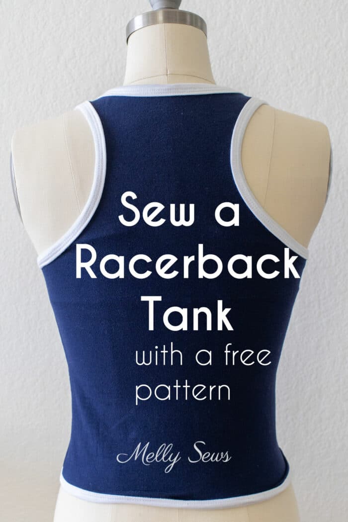 Navy blue sleeveless tank on a dress form with text Sew a Racerback Tank with a free pattern 