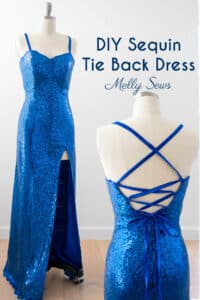 Front and back view of a royal blue formal dress with a tie back and text DIY sequin tie back dress
