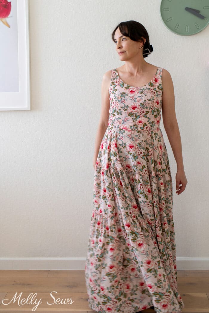 Woman in a pink floral frock