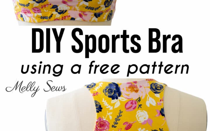 Front and back views of a yellow floral sports bra with a racerback and text DIY Sports Bra Using a Free Pattern
