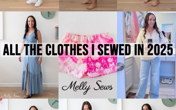Several images of a woman in clothes she sewed for herself